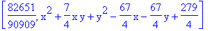 [82651/90909, x^2+7/4*x*y+y^2-67/4*x-67/4*y+279/4]